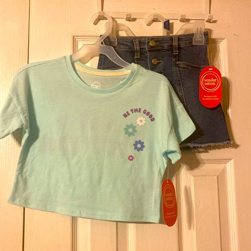 Wonder Nation girls boxy graphic tee shirt, matching denim skirt; size: XS(4-5)